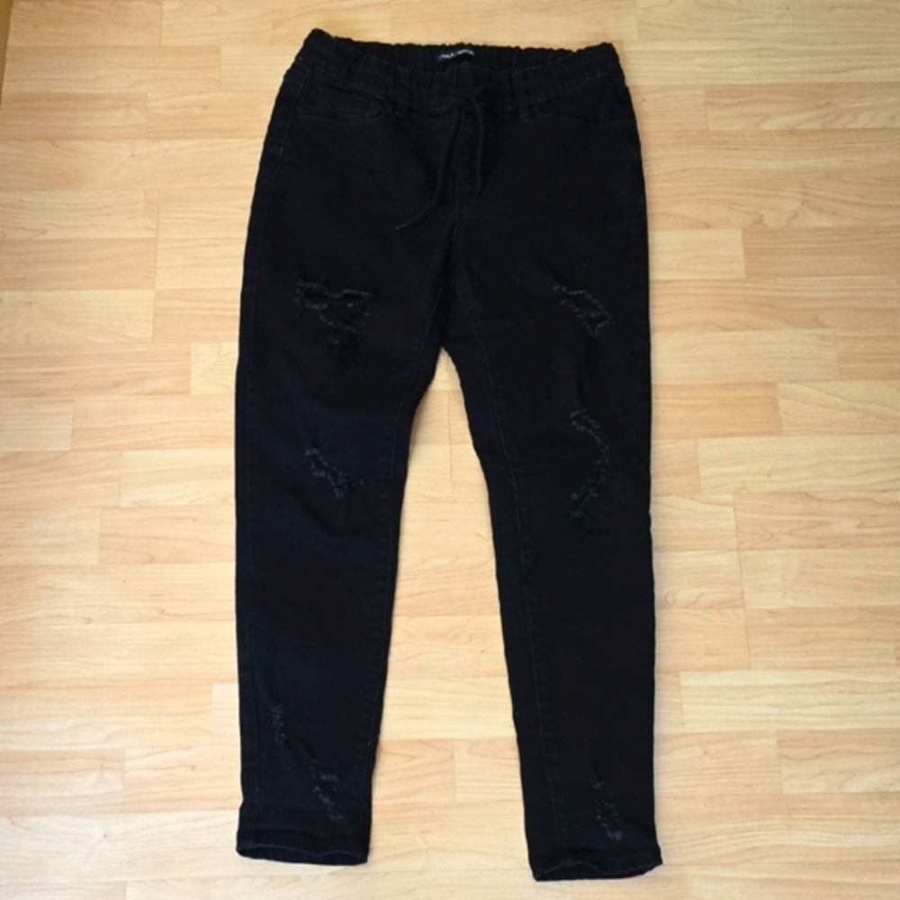 Ashley Mason Skinny Black Jeans Distressed Pull On Drawstring High Rise Size 5